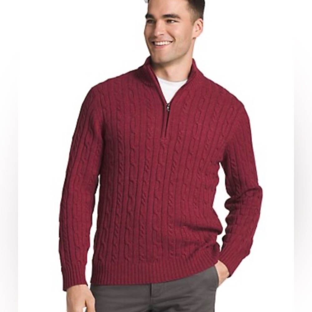 IZOD Men's 1/4 Zip Solid Cable Knit Sweater In Burgundy Size Large